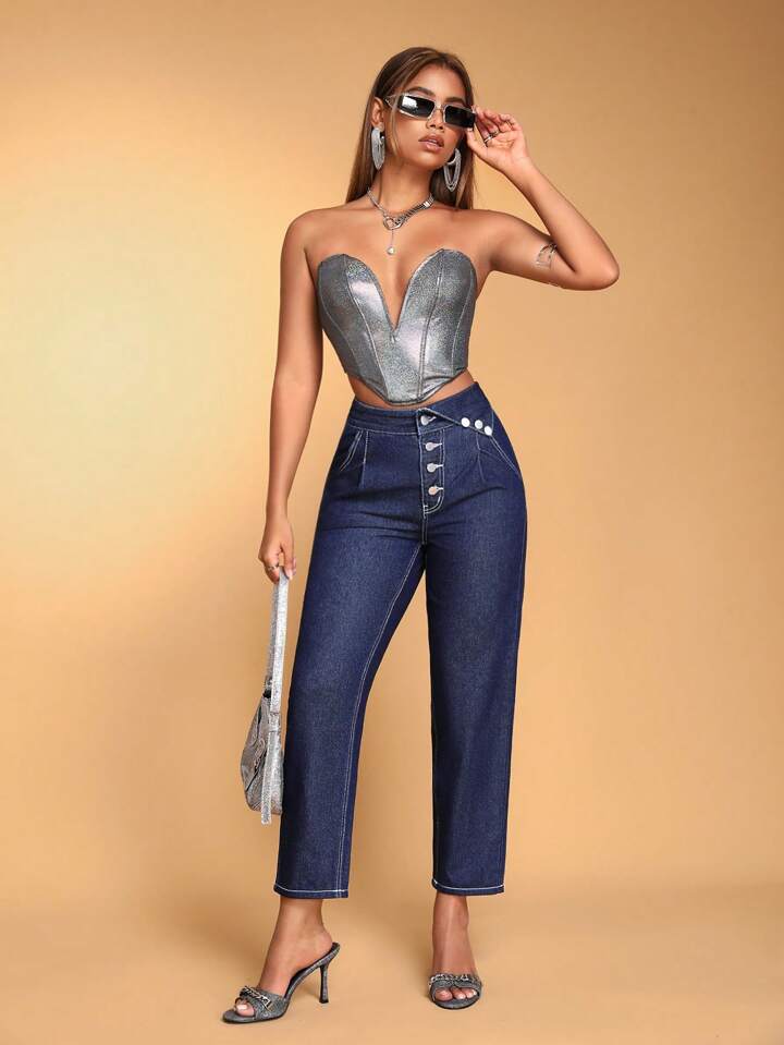 CM-BS563638 Women Casual Seoul Style Single Button Fly Foldover Waist Denim Long Pants - Blue