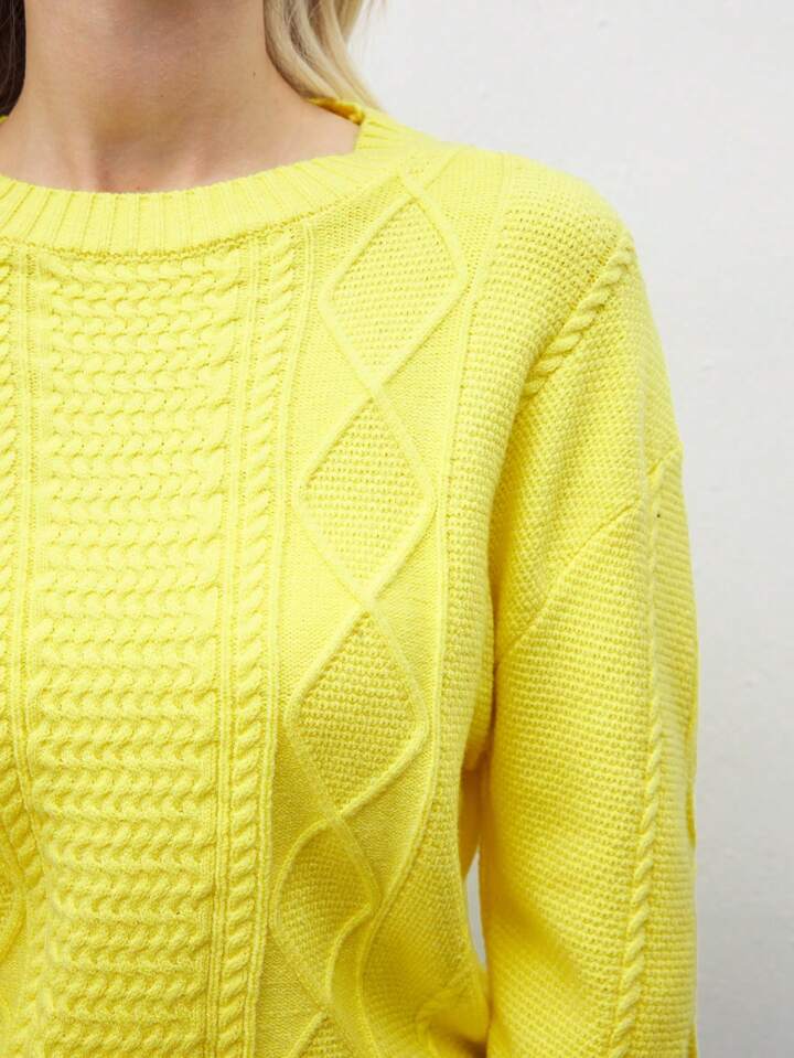 CM-CS511162 Women Casual Seoul Style Round Neck Drop Shoulder Long Sleeve Knit Pullover - Yellow