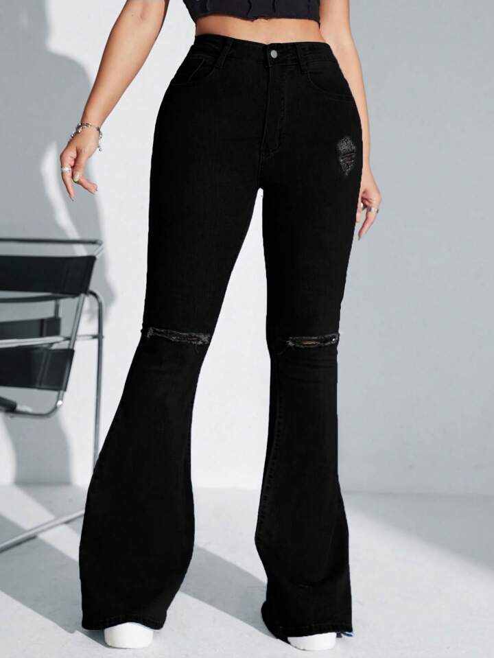 CM-BS577768 Women Casual Seoul Style Solid Color Frayed Hem Skinny Flared Jeans - Black