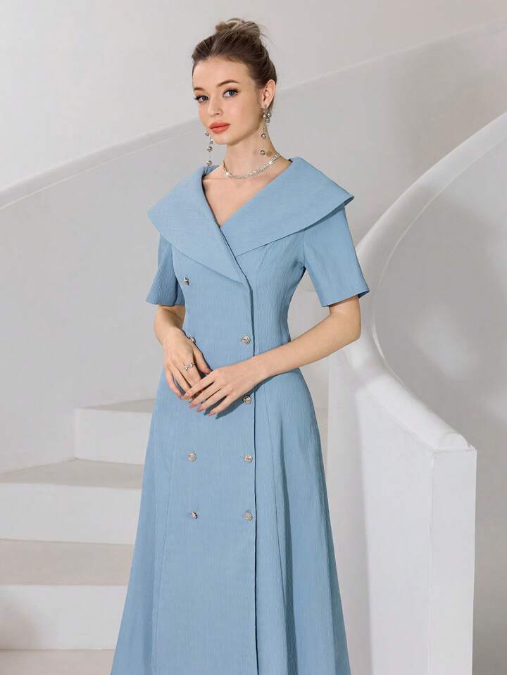 CM-DS665616 Women Elegant Seoul Style Solid Color Lapel Neckline Double-Breasted Short Sleeve Long Dress - Blue