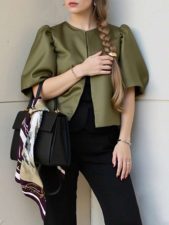 CM-TS454206 Women Elegant Seoul Style Solid Color Round Neck Puff Sleeve Shirt - Green