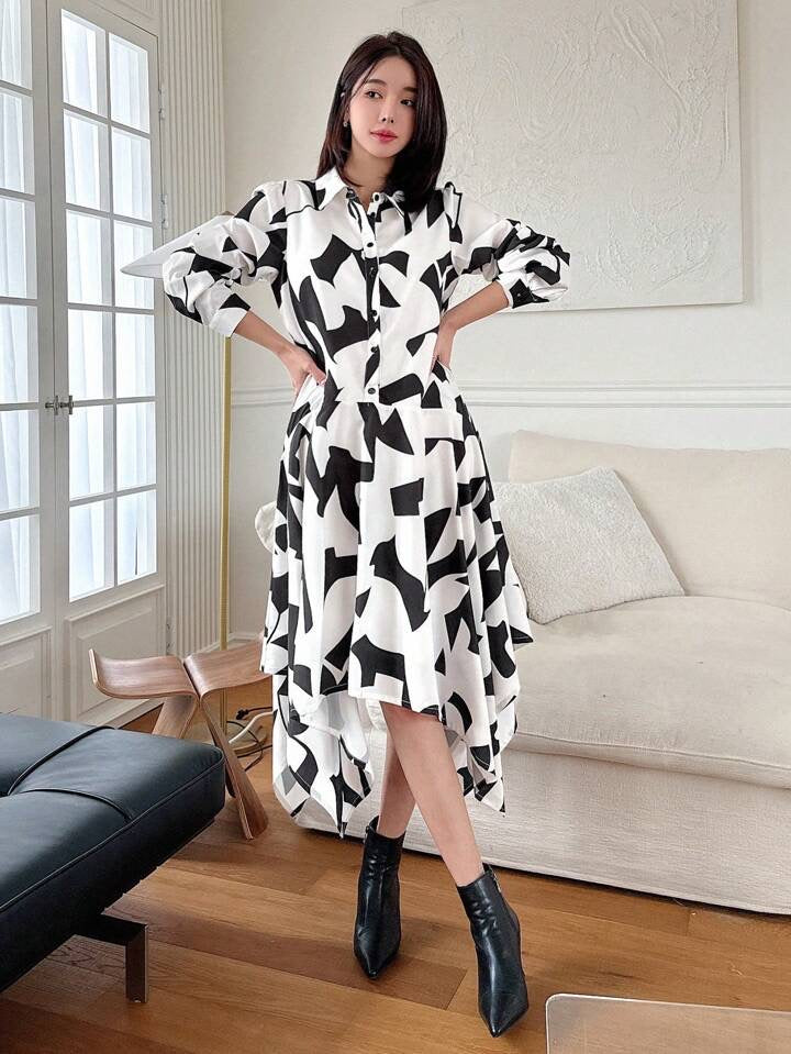 CM-DS352748 Women Casual Seoul Style All-Over Print Asymmetrical Hem Shirt Dress