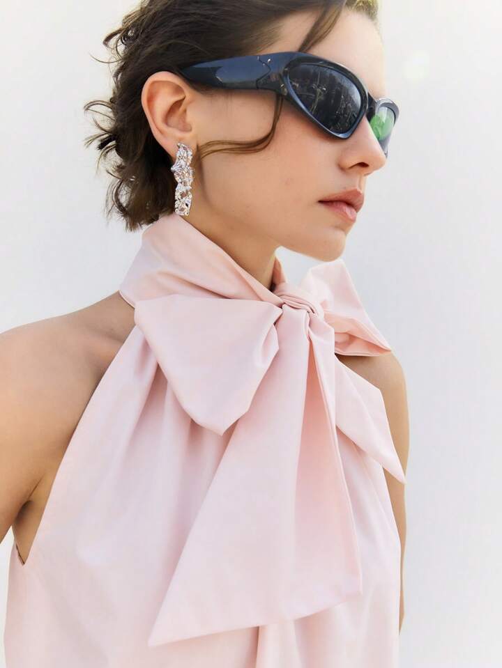 CM-DS178358 Women Casual Seoul Style Tie-Up Halter Sleeveless A-Line Pleated Hem Long Dress - Baby Pink