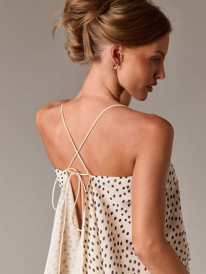 CM-TS300236 Women Casual Seoul Style Sheer Polka Dot Halter Back Tie Detail Sleeveless Blouse - Black and White