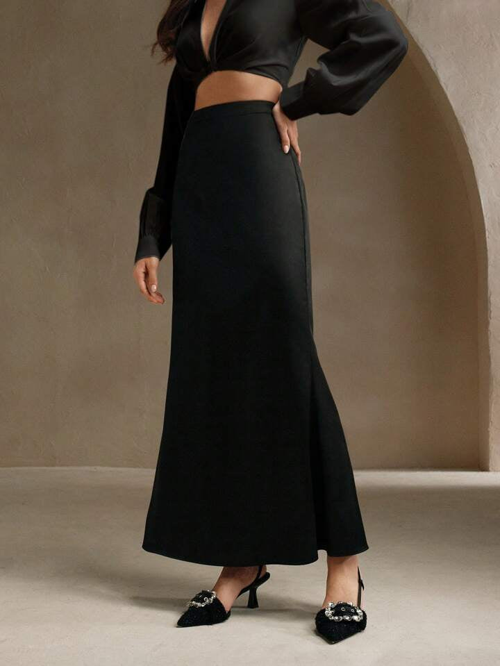 CM-BS916811 Women Elegant Seoul Style Solid Color High Waist Fitted Fishtail Skirt - Black