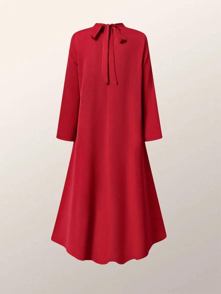 CM-DS107016 Women Elegant Seoul Style High Collar Long Sleeve Mid-Length Dress - Red