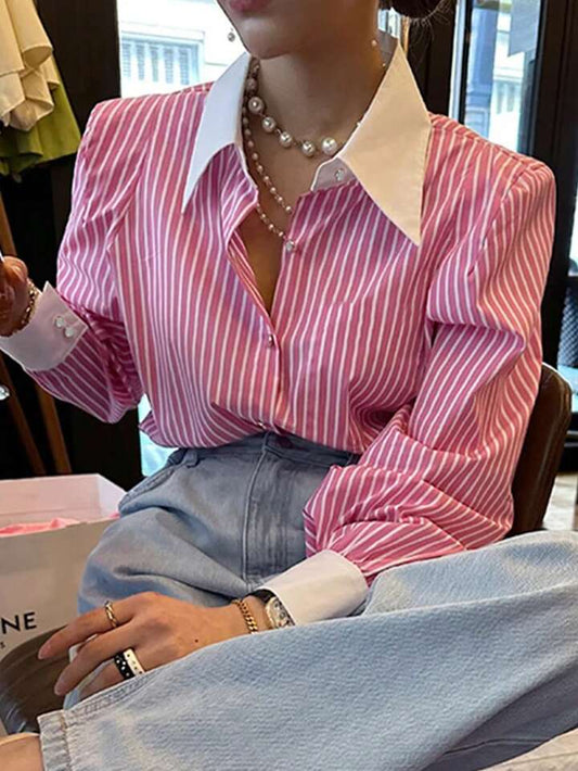 CM-TS668860 Women Casual Seoul Style Striped Button-Up Shirt Collar Long Sleeve Blouse - Pink