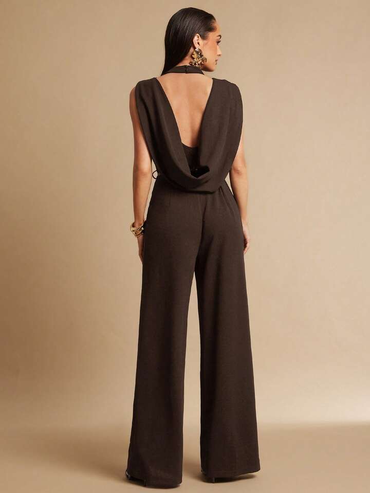 CM-JS606354 Women Elegant Seoul Style Stand Collar Sleeveless Pleated Backless Jumpsuit - Brown