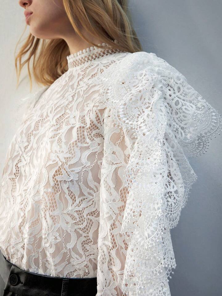 CM-TS396931 Women Elegant Seoul Style Button Back Long Sleeve Embroidery Sheer Blouse - White