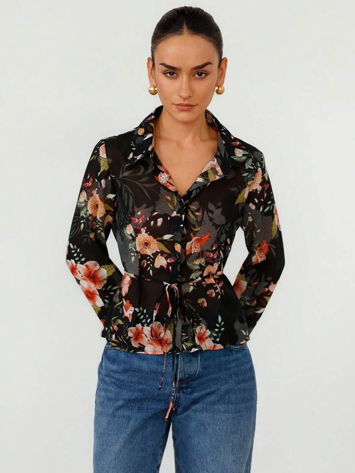 CM-TS572213 Women Casual Seoul Style Lapel Neckline Chiffon All-Over Print Tie Waist Long Sleeve Shirt