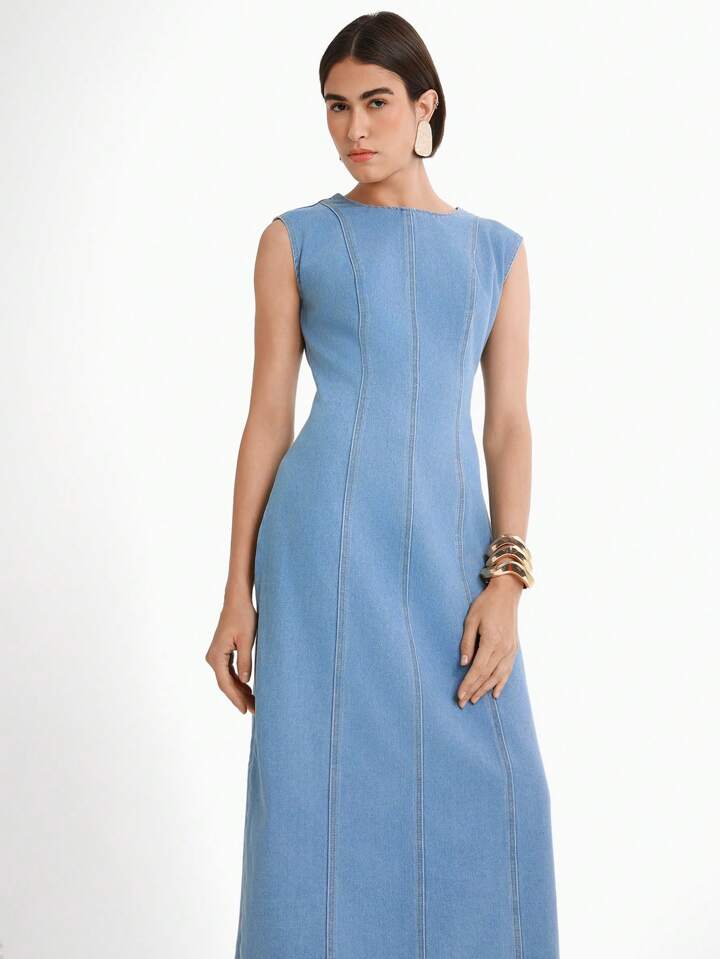 CM-DS413727 Women Casual Seoul Style Light Wash Round Neck Sleeveless Cinched Waist Denim Dress