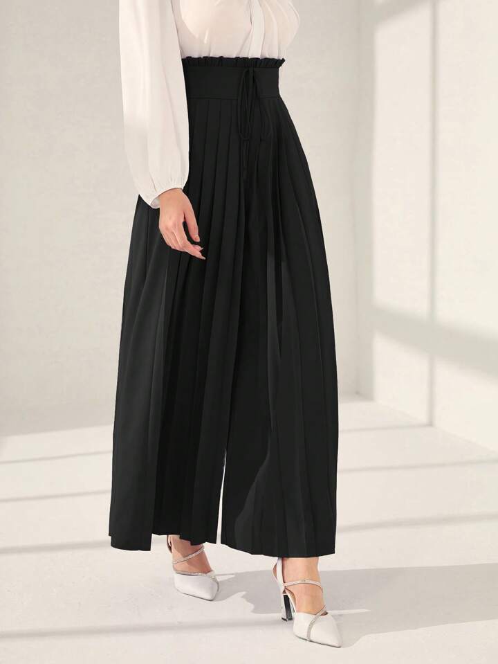 CM-BS451450 Women Trendy Bohemian Style High Waist Pleated Wide Leg Pants - Black