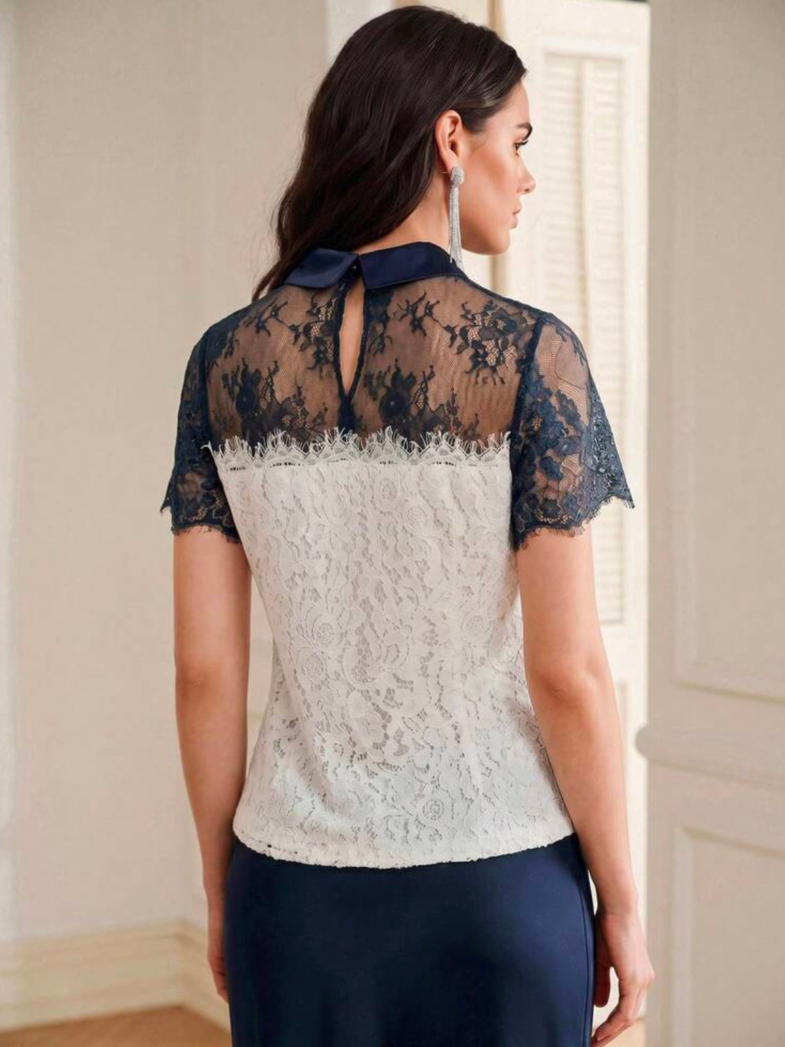 CM-TS067772 Women Elegant Seoul Style Collar Tie Neck Short Sleeve Lace Color Blocking Top - Blue