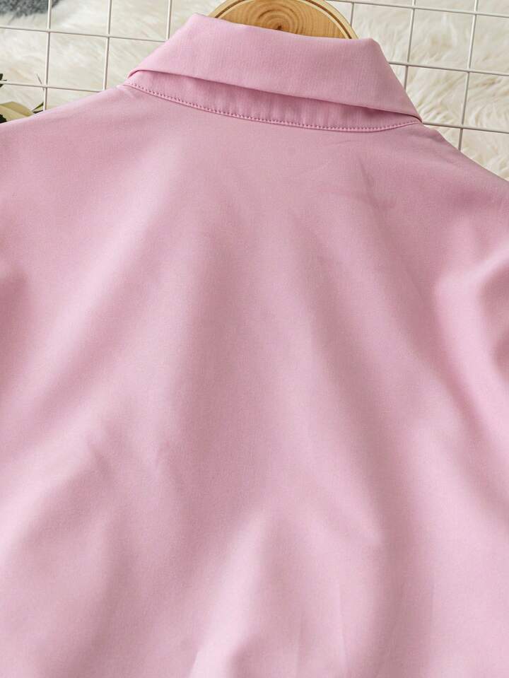 CM-TS134581 Women Casual Seoul Style Collar Neckline 3D Floral Puff Half Sleeve Blouse - Pink