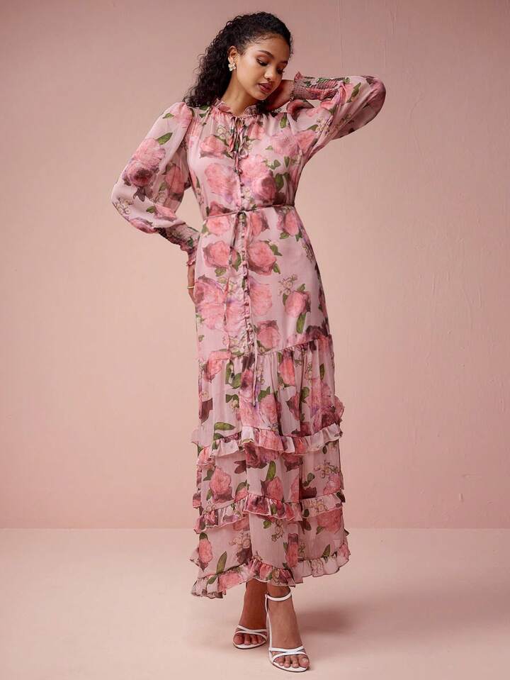 CM-DS308871 Women Elegant Seoul Style Floral Print Tie Neck Multi-Layered Ruffled Hem Cuffs Dress