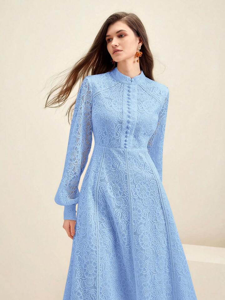 CM-DS730692 Women Elegant Seoul Style Lace Mandarin Collar Long Sleeve A-Line Dress - Baby Blue