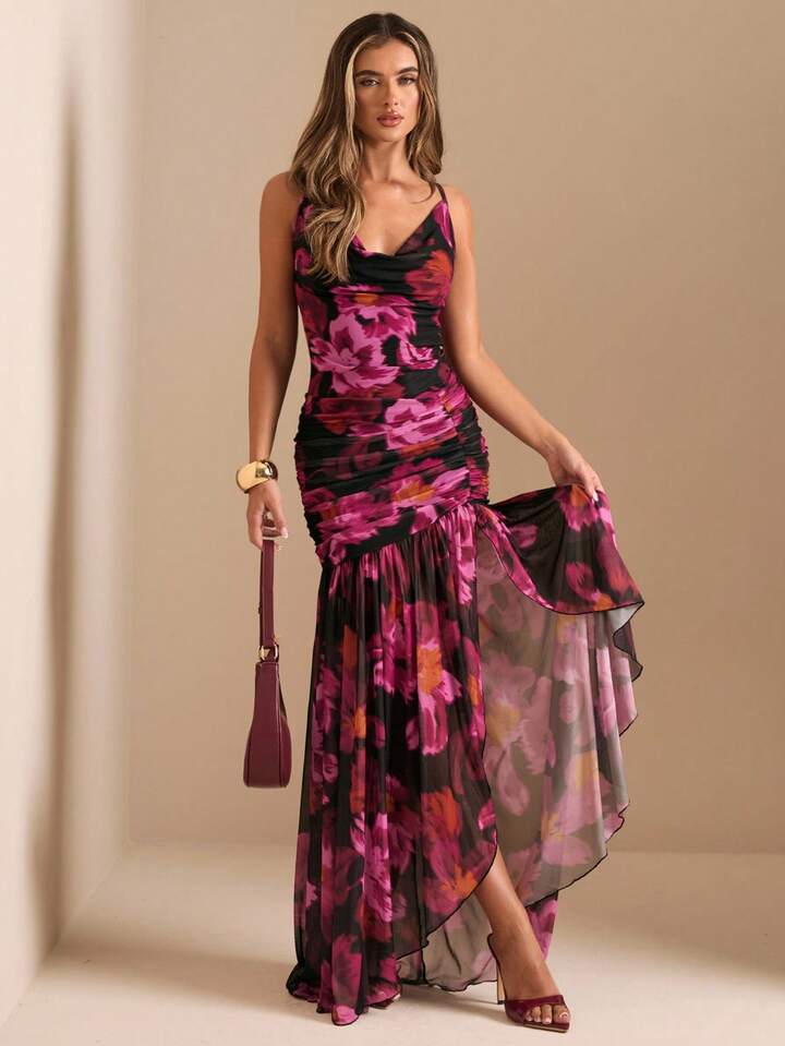CM-DS809380 Women Trendy Bohemian Style Deep Draped Neck High Slit Floral Print Fitted Mesh Dress - Dark Pink