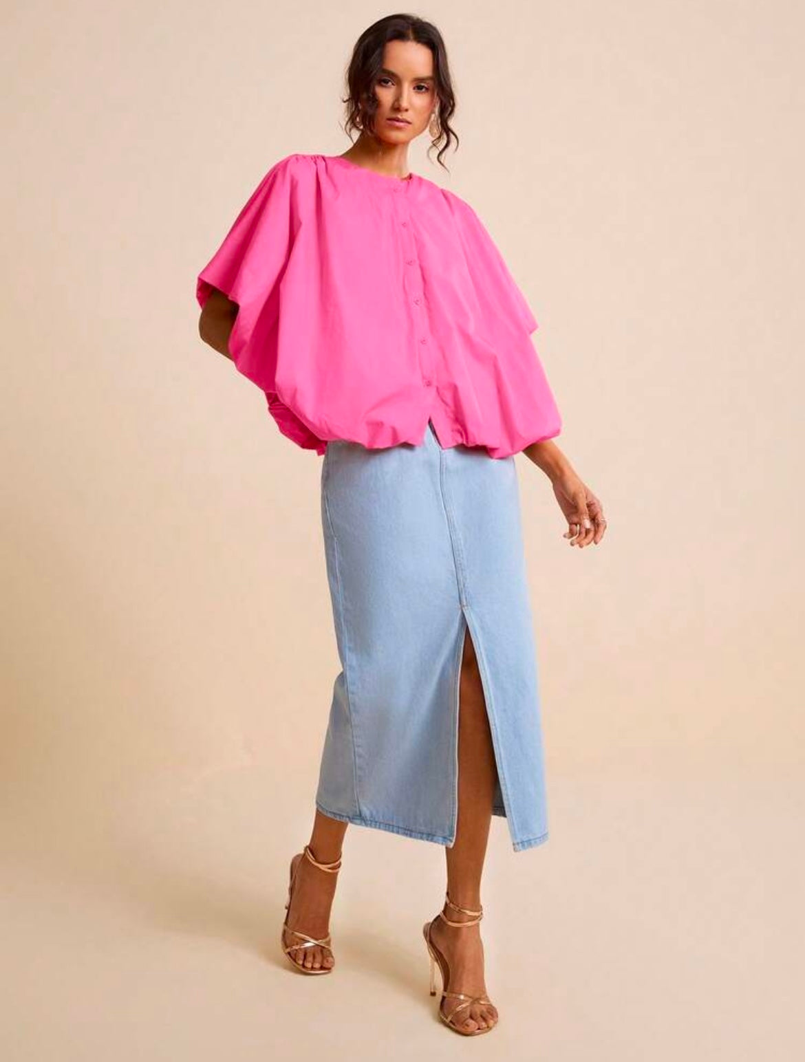 CM-TS709960 Women Casual Seoul Style Loose Cardigan Collar Batwing Sleeve Oversized Shirt - Hot Pink