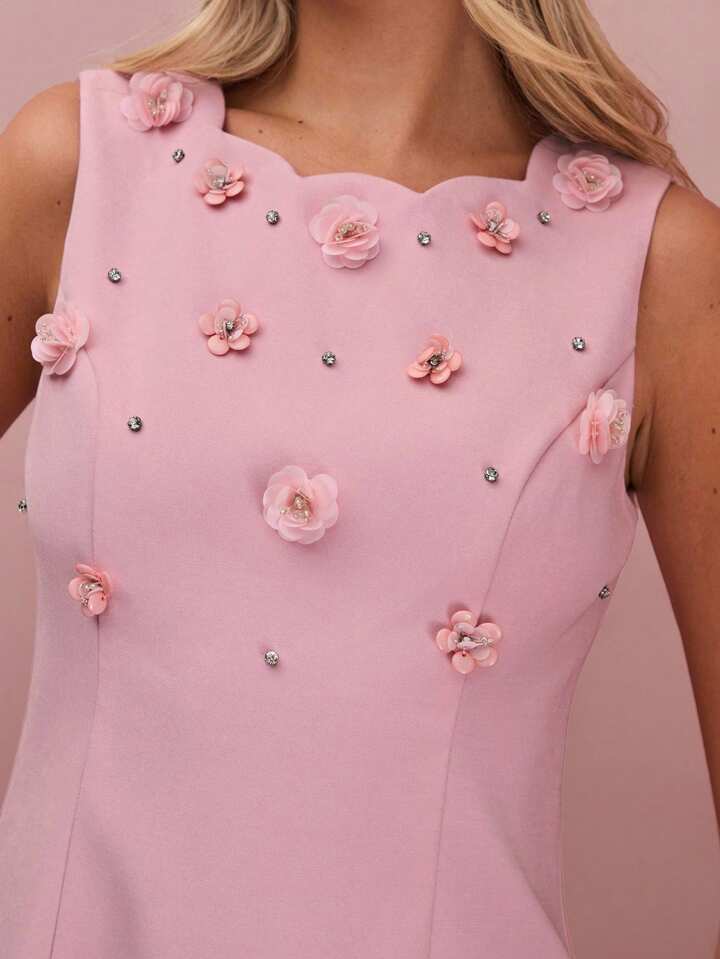 CM-DS373263 Women Elegant Seoul Style Floral Beaded Decor Round Neck Sleeveless Mini Dress - Pink