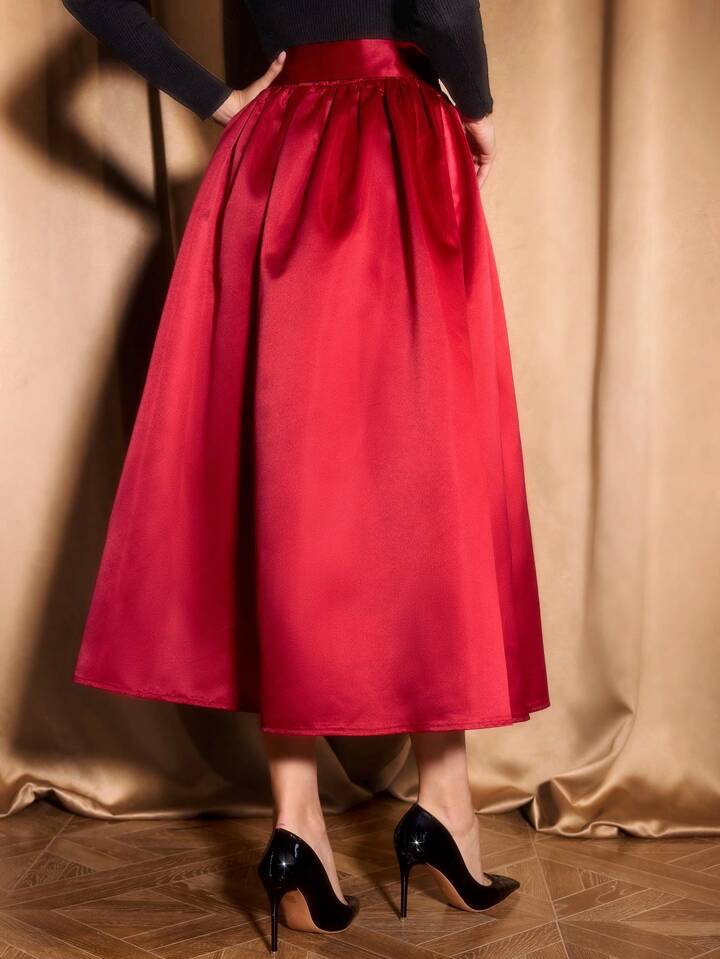 CM-BS522726 Women Elegant Seoul Style Ultra High Waist Satin Flared Hem A-Line Skirt - Red