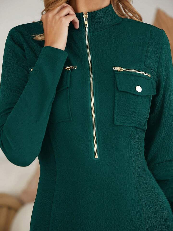 CM-DS306430 Women Elegant Seoul Style Stand Collar Zip Front Flap Pocket Dress - Dark Green