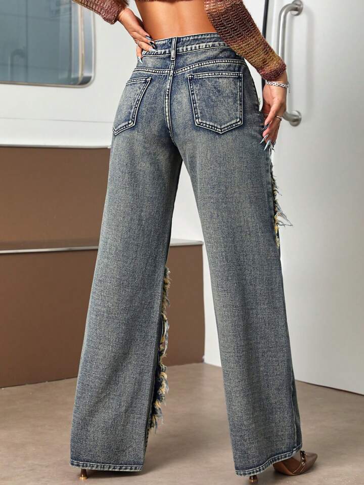 CM-BS180850 Women Casual Seoul Style Drop Waist Raw Trim Loose Wide Leg Jeans - Blue