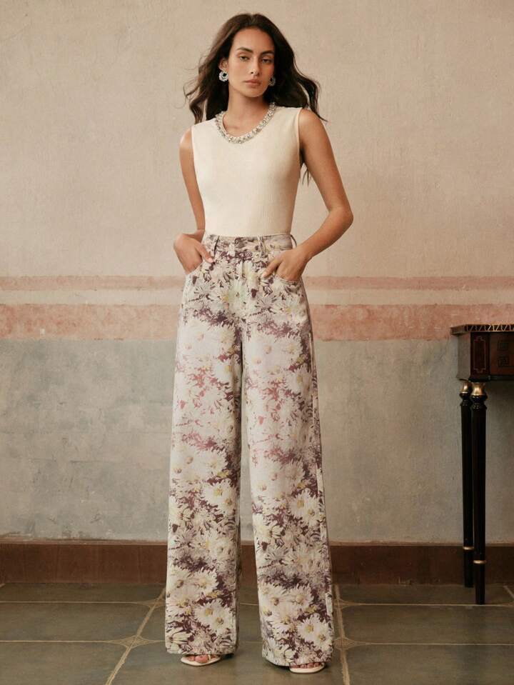 CM-BS172777 Women Casual Seoul Style Floral Printed High-Waisted Wide Leg Jeans - Yellow