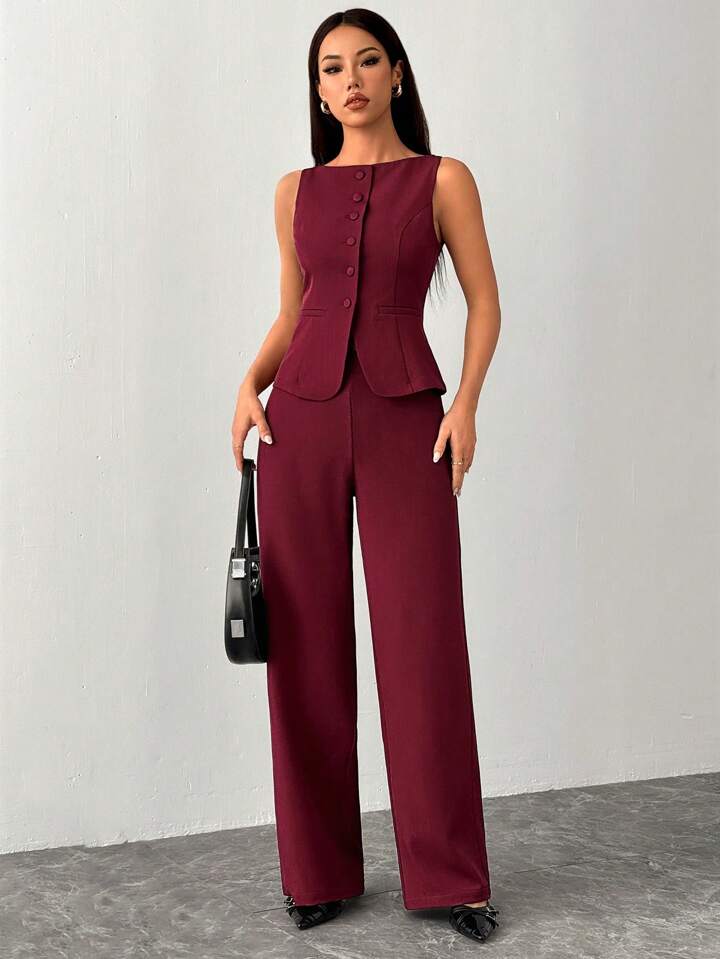 CM-SS055036 Women Elegant Seoul Style Solid Color Round Neck Single-Breasted Vest With Pants Suit - Burgundy