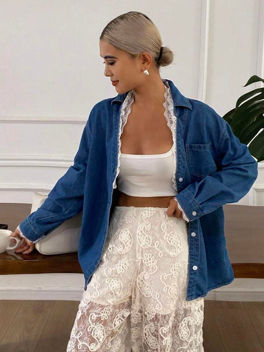 CM-TS166673 Women Casual Seoul Style Lace Trim Collar And Cuffs Drop Shoulder Long Sleeve Denim Top - Blue