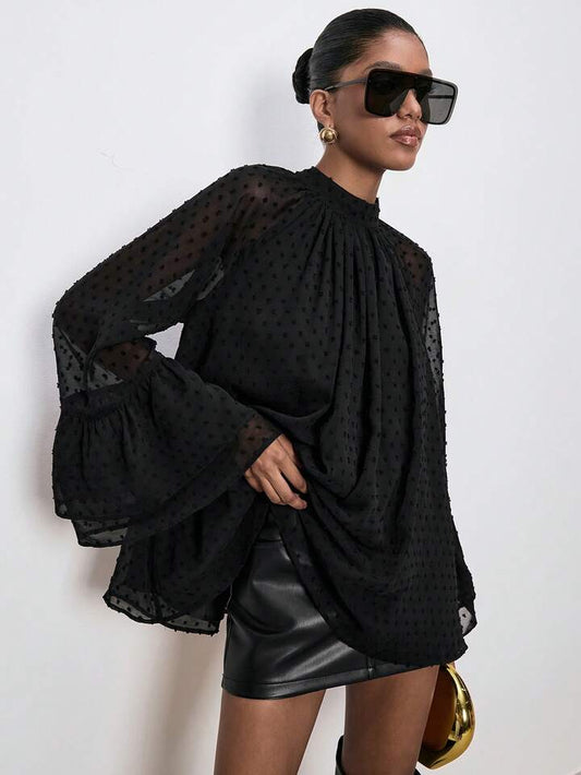 CM-TS204223 Women Casual Seoul Style Stand Collar Embroidered Polka Dot Wide-Sleeved Ruffles Lace Blouse - Black