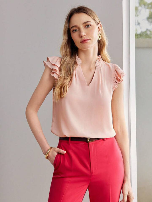 CM-TS669910 Women Casual Seoul Style Frill Trim Notch Neck Flutter Sleeve Blouse - Pink