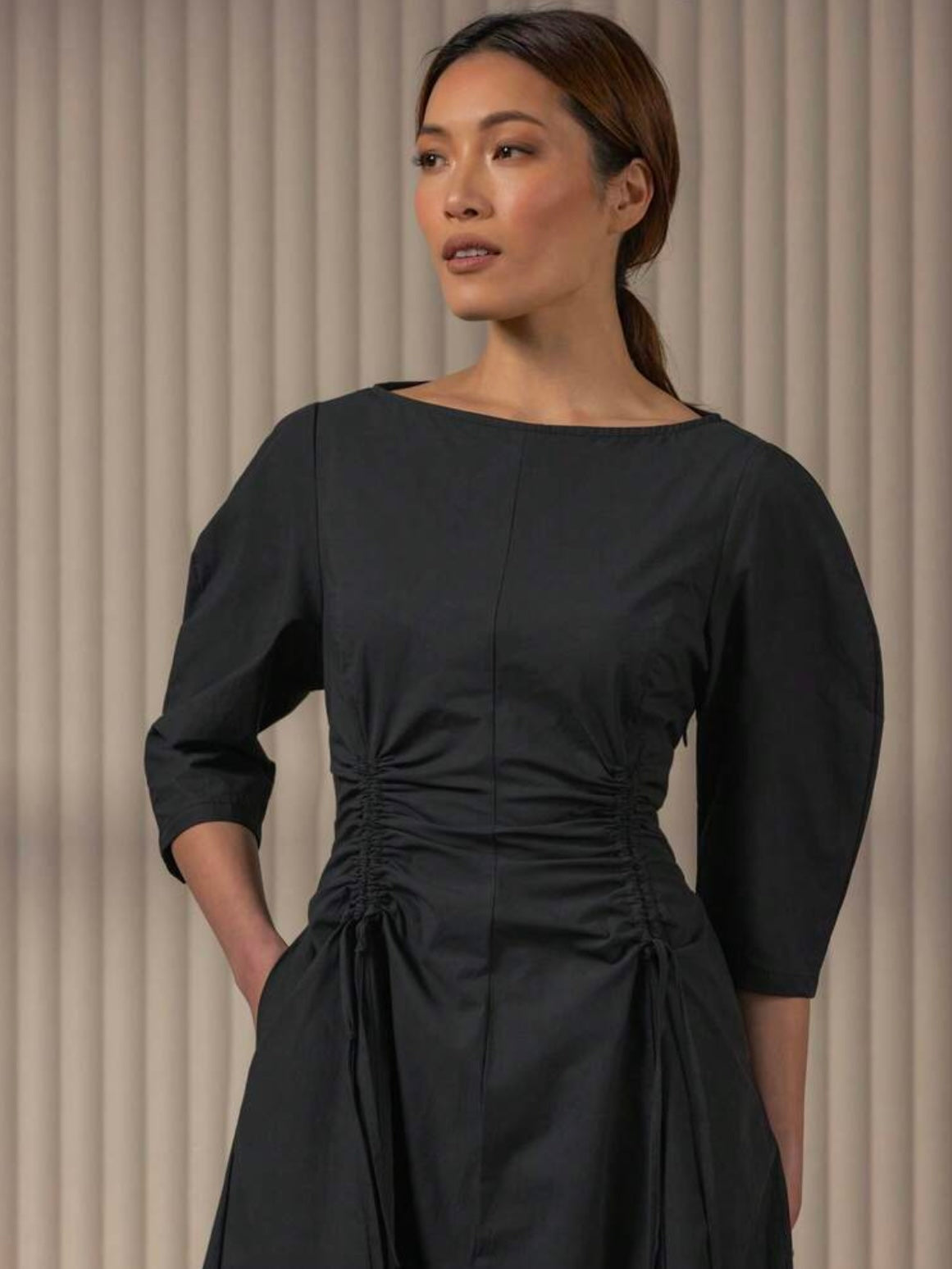 CM-DS168360 Women Elegant Seoul Style Crew Neck 3/4 Puff Sleeve Cinch-Waist A-Line Midi Dress