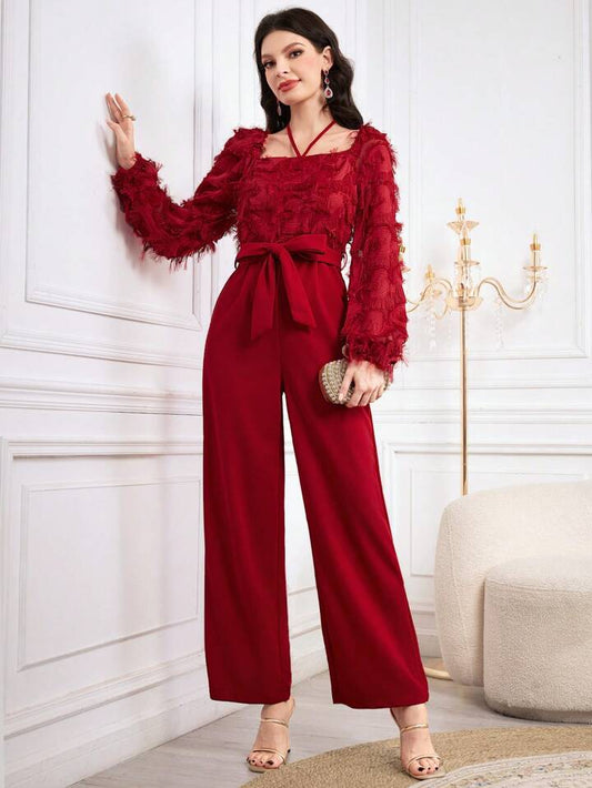 CM-JS726866 Women Elegant Seoul Style Square Neck Lantern Sleeve Waist Belt Jumpsuit - Red