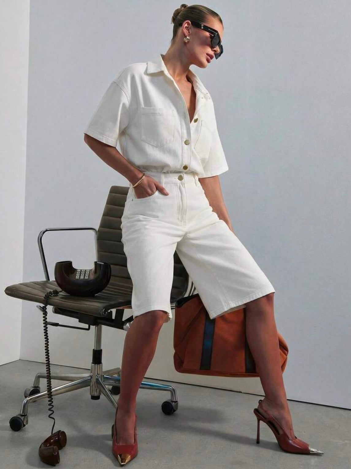 CM-JS836189 Women Casual Seoul Style Collared Short Sleeve Relaxed Denim Jumpsuit - Apricot