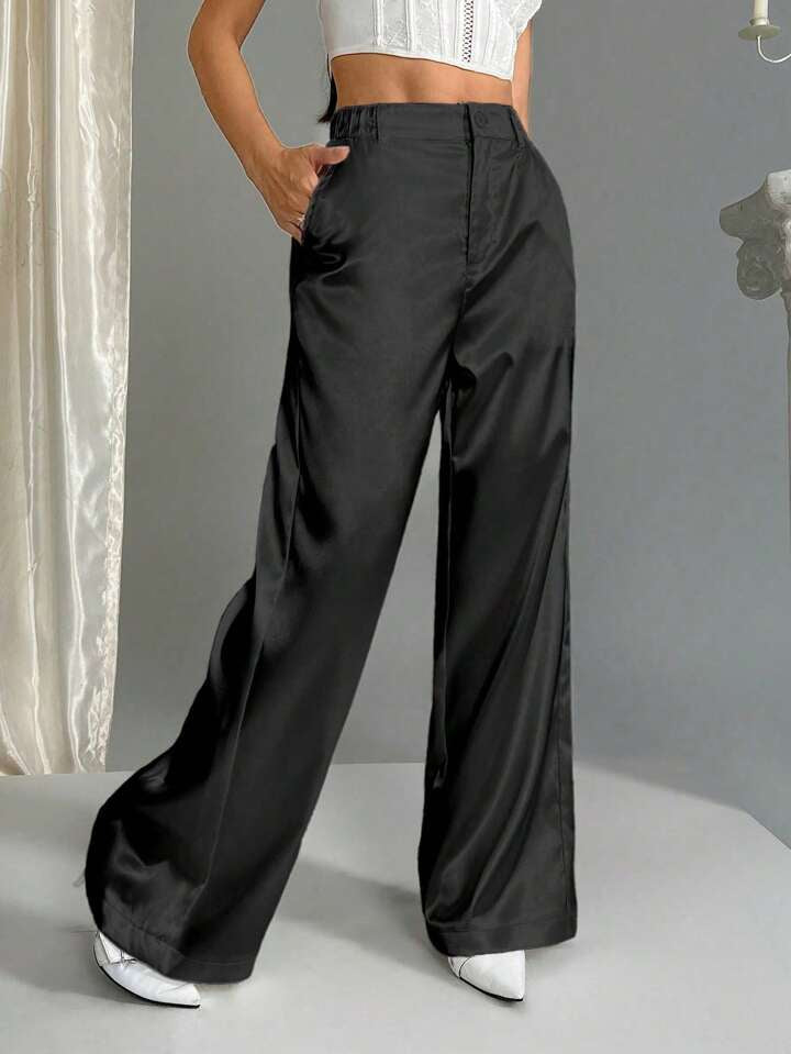 CM-BS020018 Women Casual Seoul Style Satin Elastic Waist Wide Leg Palazzo Pants - Black