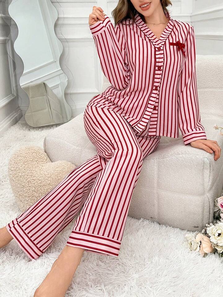 CM-LS158065 Women Trendy Seoul Style Bow-Tie Striped Long Sleeve Top With Pants Sleepwear Set - Red