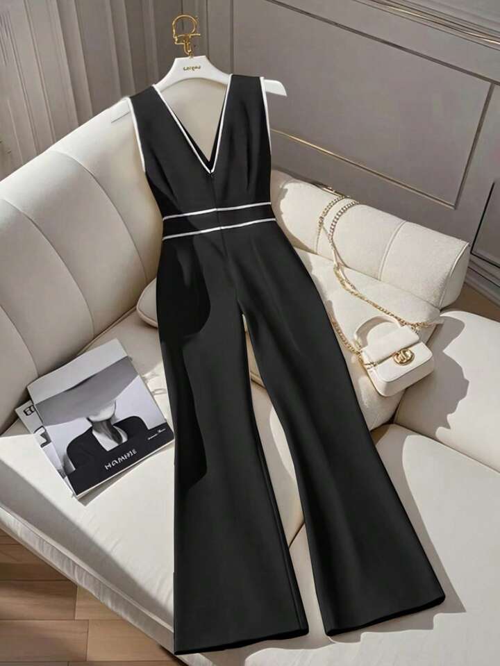 CM-JS929219 Women Elegant Seoul Style V-Neck Sleevelss High Waist Colorblock Jumpsuit - Black