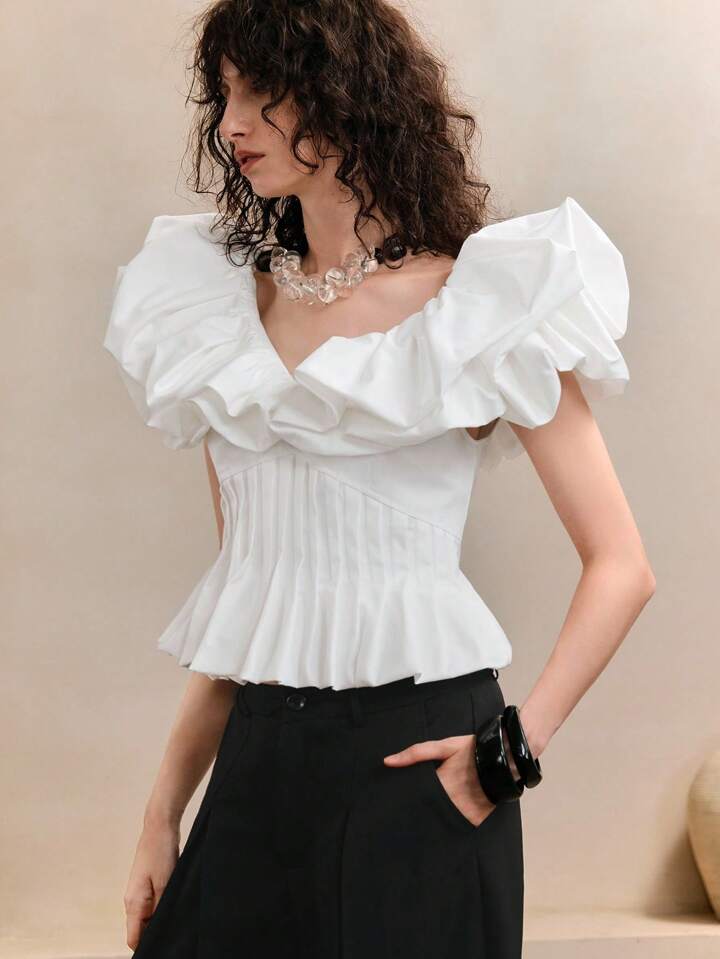 CM-TS573713 Women Elegant Seoul Style Wide V-Neck Puff Neck Pleated Cinched Waist Asymmetrical Blouse - White