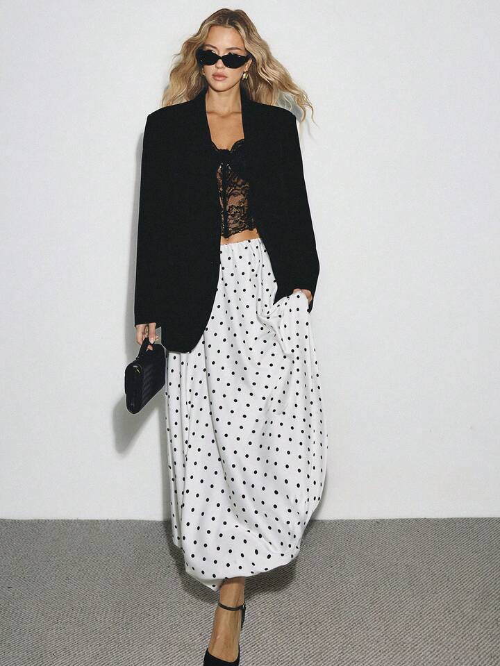 CM-BS787129 Women Elegant Seoul Style Polka Dot Print Satin Pleated Bubble Long A-Line Skirt - White