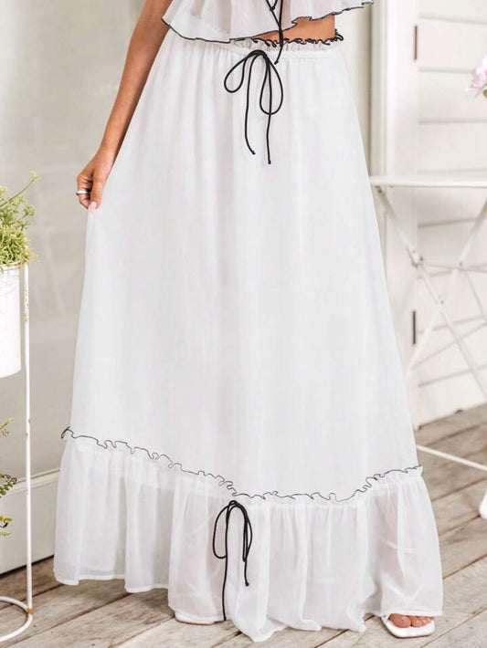 CM-BS470009 Women Trendy Bohemian Style High Waist Colorblock Frill Loose Skirt - White
