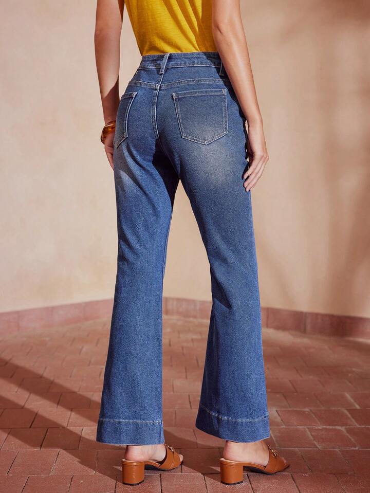 CM-BS863491 Women Casual Seoul Style Foldover Slant Pocket Flafre Leg Jeans - Blue