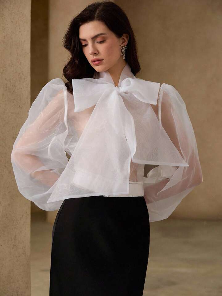 CM-TS713635 Women Elegant Seoul Style Tie Neck Puff Sleeve Organza Sheer Bowknot Blouse - White