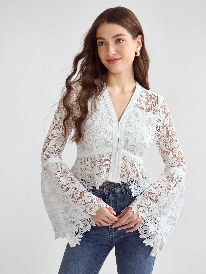 CM-TS566079 Women Elegant Seoul Style Solid Color V-Neck Hollow Out Long Sleeve Top - White