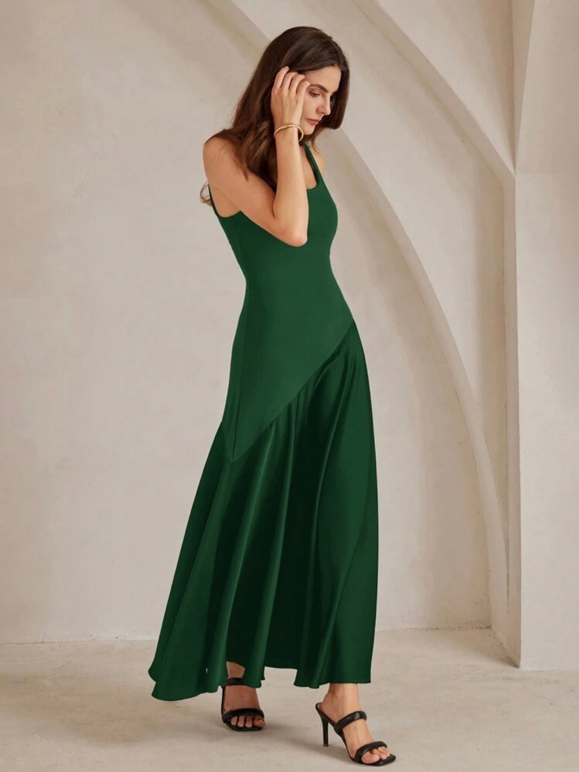 CM-DS289049 Women Elegant Seoul Style Solid Color Minimalist Spaghetti Strap Maxi A-Line Dress - Green