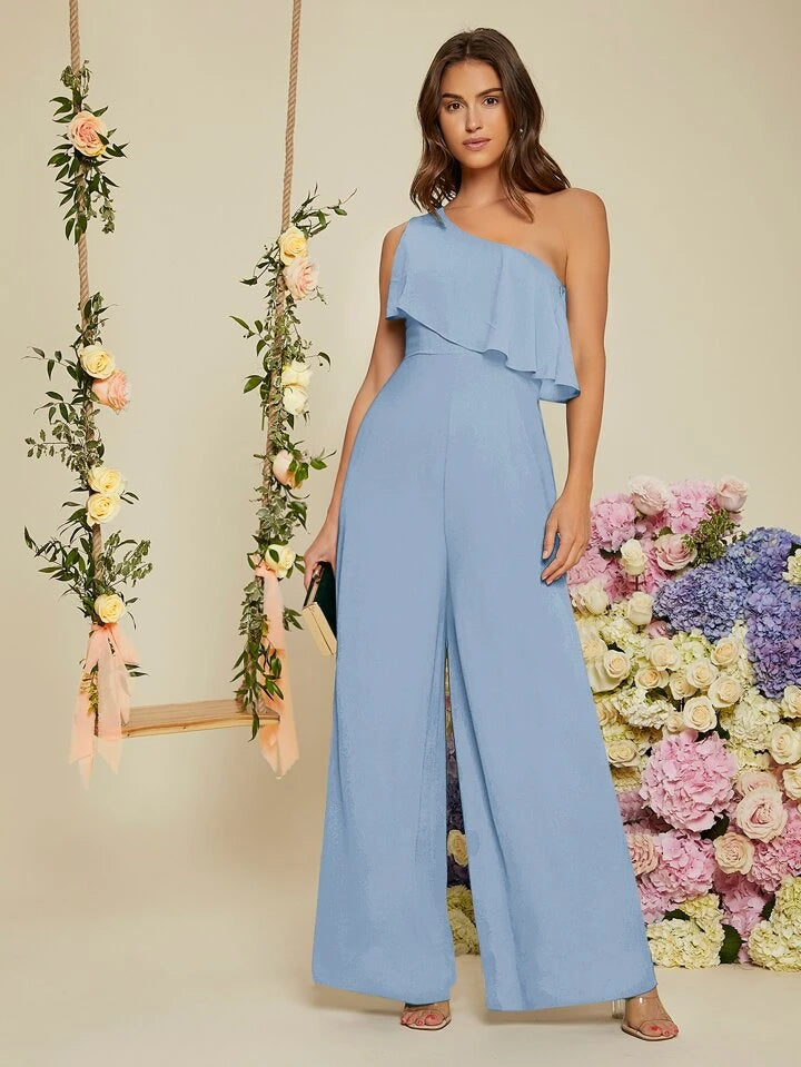 CM-JS109001 Women Elegant Seoul Style One Shoulder Ruffle Trim Wide Leg Jumpsuit - Baby Blue