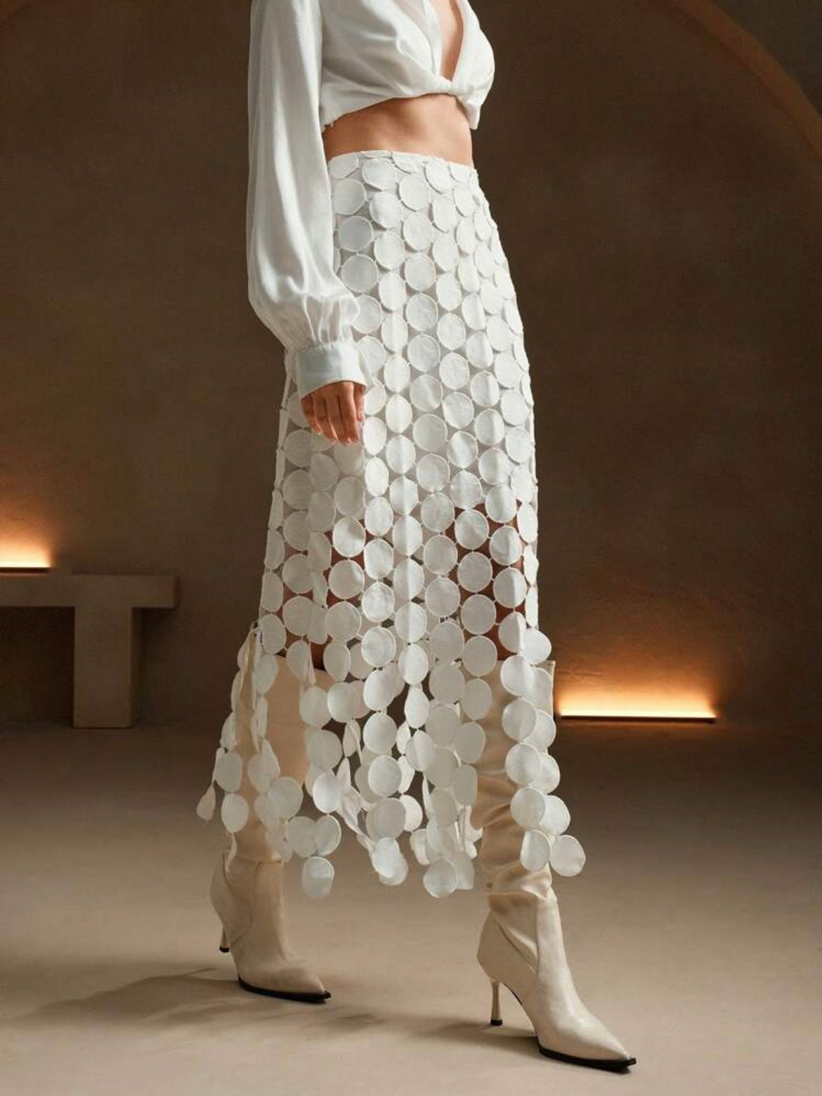 CM-BS296869 Women Trendy Bohemian Style Laser Cut Multi Circle Double Layered Maxi Skirt - White