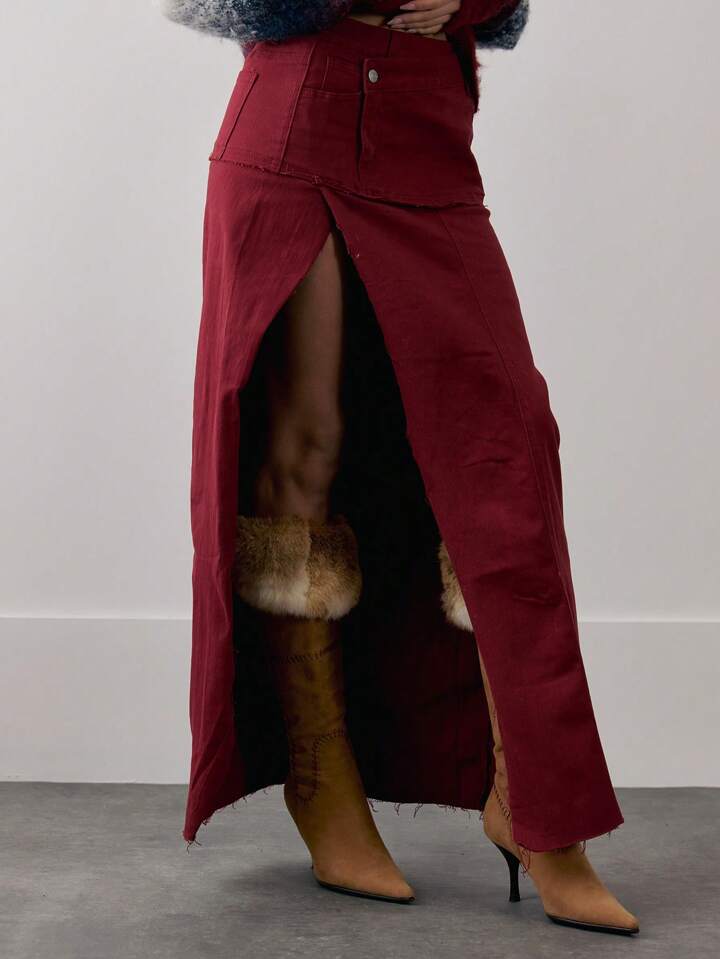 CM-BS633279 Women Casual Seoul Style High Rise Seam Overlay Detail Distressed Split Maxi Skirt