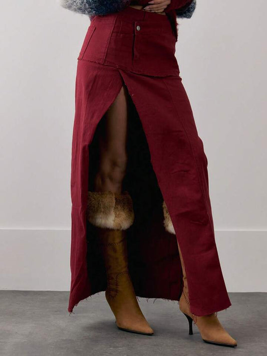 CM-BS633279 Women Casual Seoul Style High Rise Seam Overlay Detail Distressed Split Maxi Skirt
