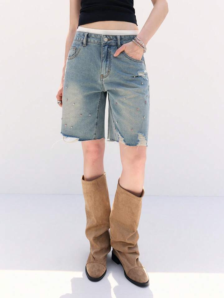 CM-BS022740 Women Casual Seoul Style Rhinestone Decor Pocket Fringe Hem Loose Denim Shorts