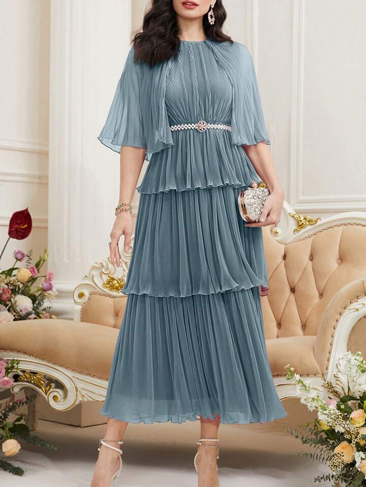 CM-DS707088 Women Elegant Seoul Style Round Neck Mesh Patchwork Ruffled Hem Long Dress - Mint Blue